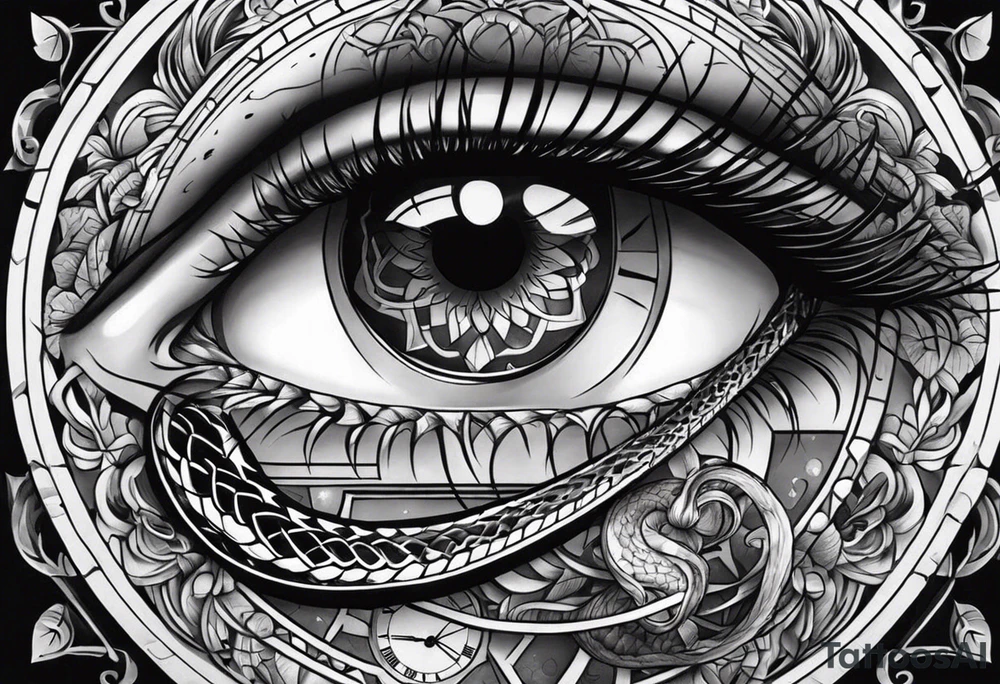 human eye with snake and clock tattoo idea