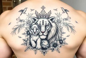 powerful majestic lion and cub with a crown, surrounded by floral ornaments and birds tattoo idea