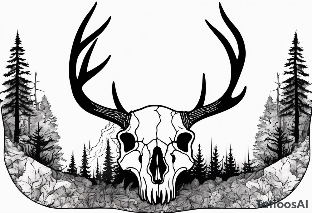 Halloween side view of a DECAYING deer skull JUST BONE surrounded by a forest fire in background tattoo idea