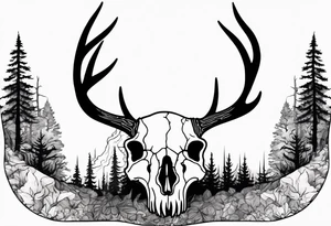 Halloween side view of a DECAYING deer skull JUST BONE surrounded by a forest fire in background tattoo idea