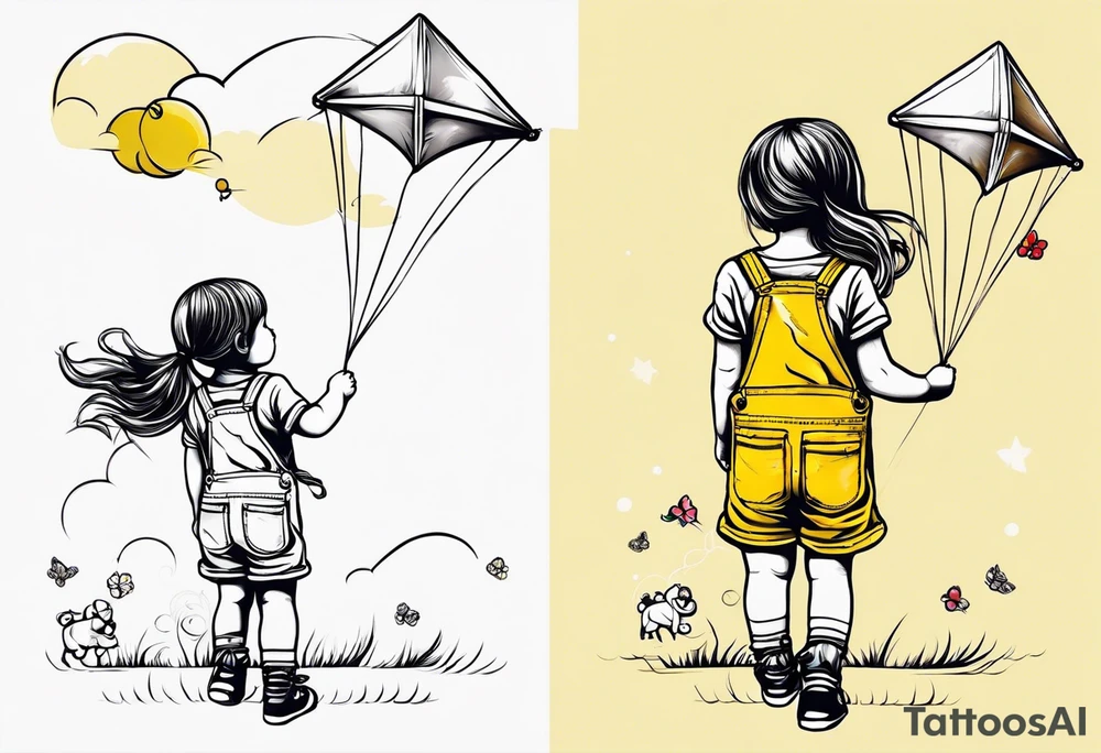 back image of a little girl flying a kite with a teddy bear in yellow overalls standing beside her tattoo idea