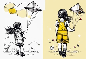 back image of a little girl flying a kite with a teddy bear in yellow overalls standing beside her tattoo idea