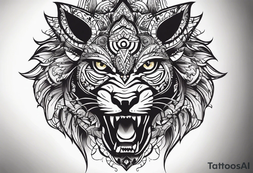 A tattoo for the knee featuring the face of a mythological creature, with fierce, exaggerated features like sharp fangs, intense eyes, and a wild expression. From its eyes, beams of light or energy radiate outward in a dynamic pattern. The design should feel bold and powerful, flowing naturally with the shape of the knee. Non geometrical desing tattoo idea