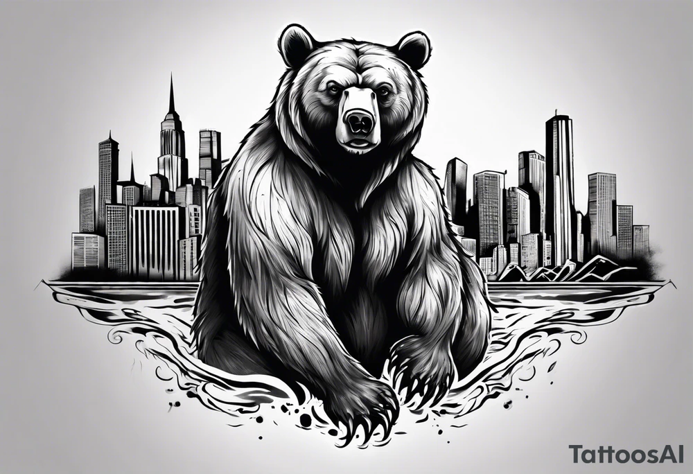 Serious bear coming up behind a city tattoo idea