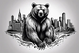 Serious bear coming up behind a city tattoo idea