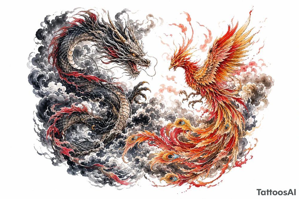 Japanese dragon and phoenix clashing in stormy, dark clouds, traditional ink style. tattoo idea