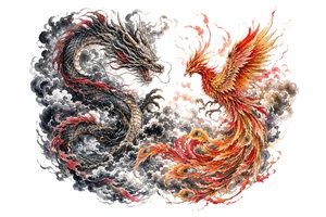 Japanese dragon and phoenix clashing in stormy, dark clouds, traditional ink style. tattoo idea