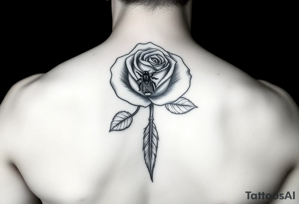 Make a tattoo with a closed rose and a bee on it. Add a feather falling from it and put Consuelo LOPEZ as the stem tattoo idea