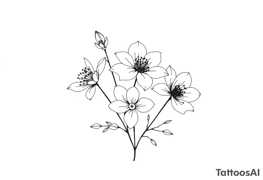 two july birth flowers, one november birth flower and a december birth flower in a boquet tattoo idea