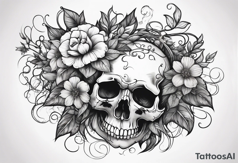 a skull with vines and flowers growing out of it tattoo idea