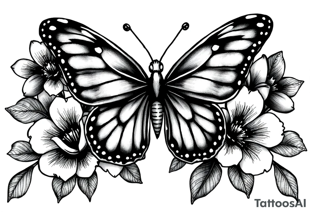 blackink work and shading butterfly with flowers tattoo idea