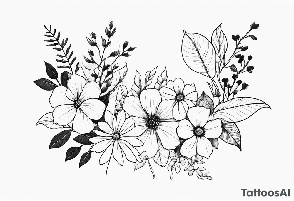 long line of flowers and leaves for around thigh tattoo idea