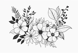 long line of flowers and leaves for around thigh tattoo idea