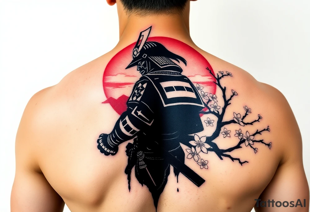 noble samurai warrior silhouette at sunset with cherry blossoms tattoo idea