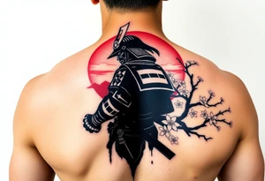 noble samurai warrior silhouette at sunset with cherry blossoms tattoo idea