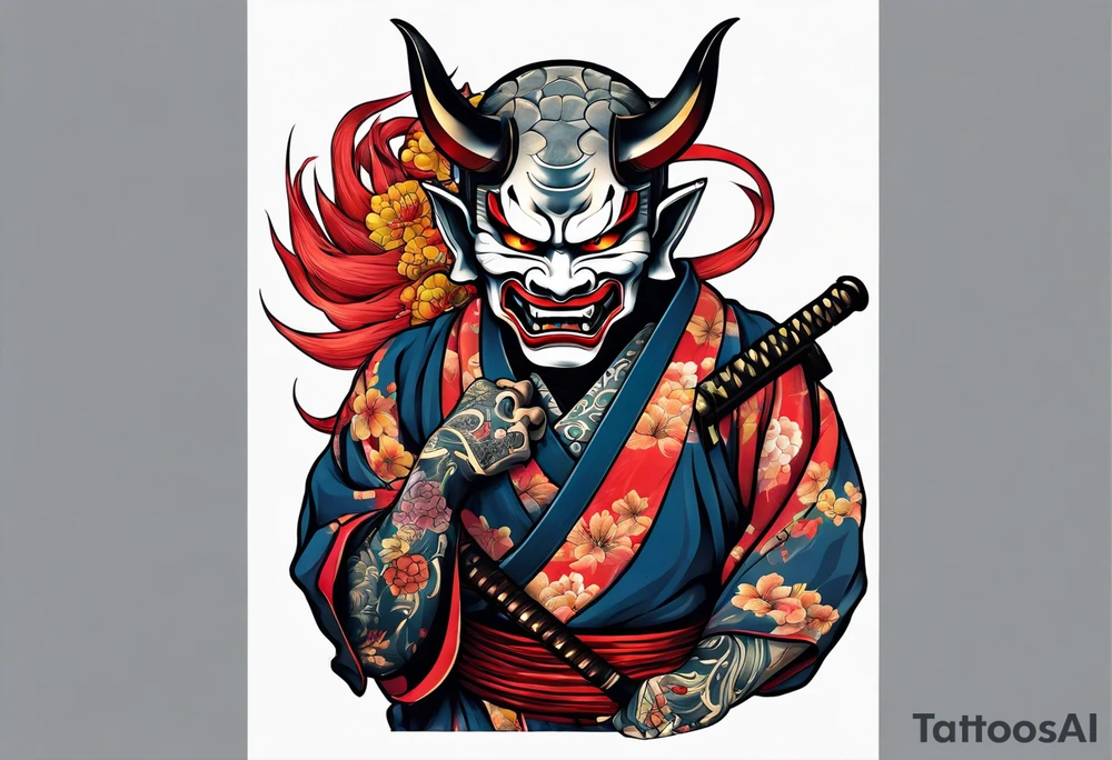 Full body Hannya  holding an ancient katana tattoo idea