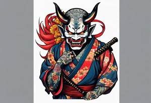 Full body Hannya  holding an ancient katana tattoo idea