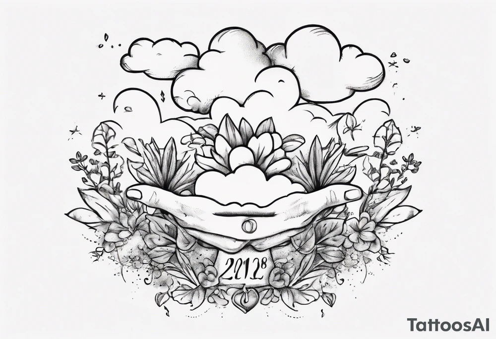 a forearm tattoo with a cloud with little plants and underneath it the date 12.08.05 tattoo idea