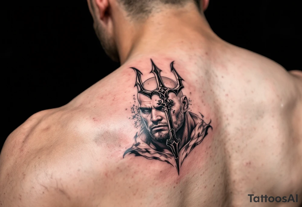 close-up muscular man with trident tattoo idea