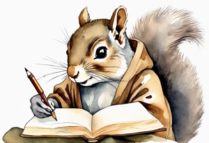 an elderly grey squirrel wearing a taupe  robe, writing in a journal tattoo idea