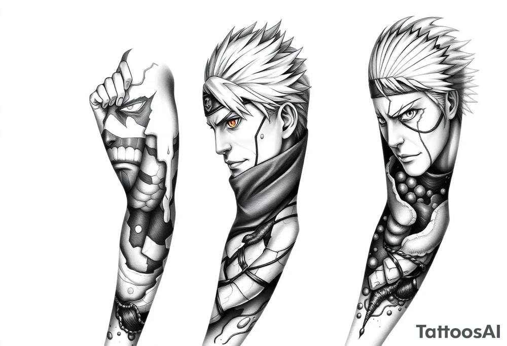 Full Naruto anime sleeve tattoo in black and grey realism, designed for the entire arm. Featuring Kakashi Hatake, Itachi Uchiha, and Pain, with detailed portraits and dramatic poses. Sharp shading, bold linework, and high contrast with smoky shadows for depth. Integrate multiple panels flowing seamlessly together, with each character framed by abstract effects like chakra energy, smoke, and broken stone textures. Masculine, dynamic, and intense style with strong highlights and shadows.” tattoo idea