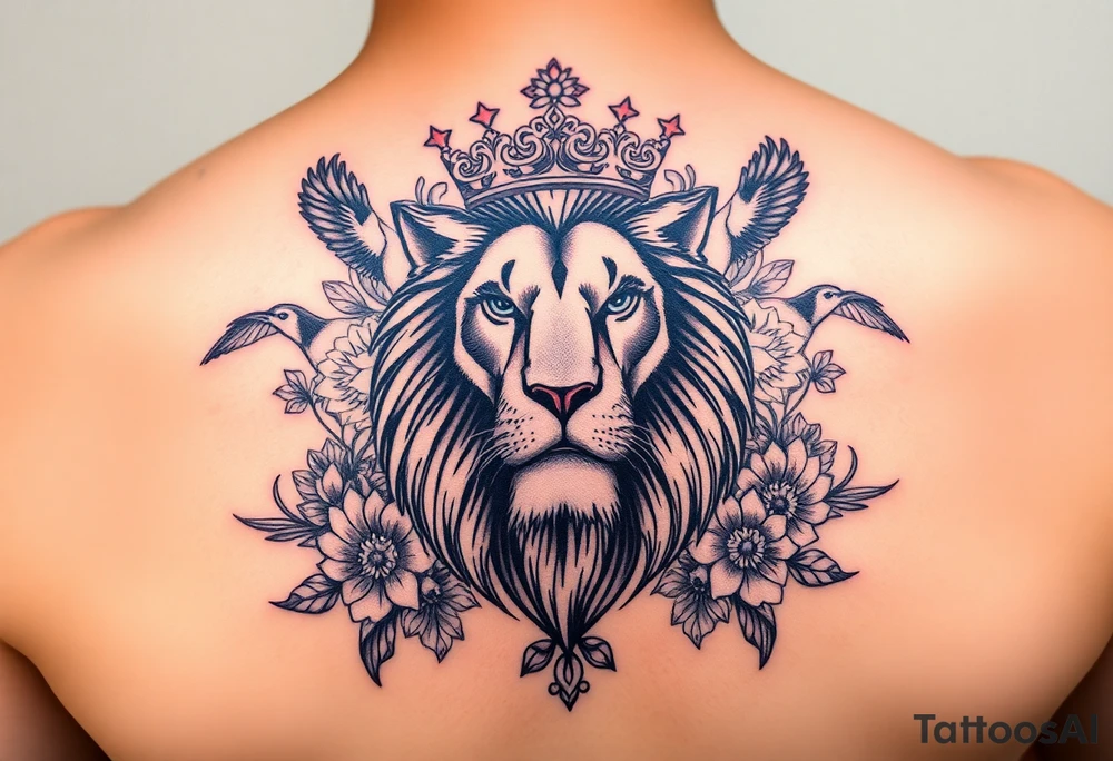 powerful majestic lion with a crown, surrounded by floral ornaments and birds tattoo idea