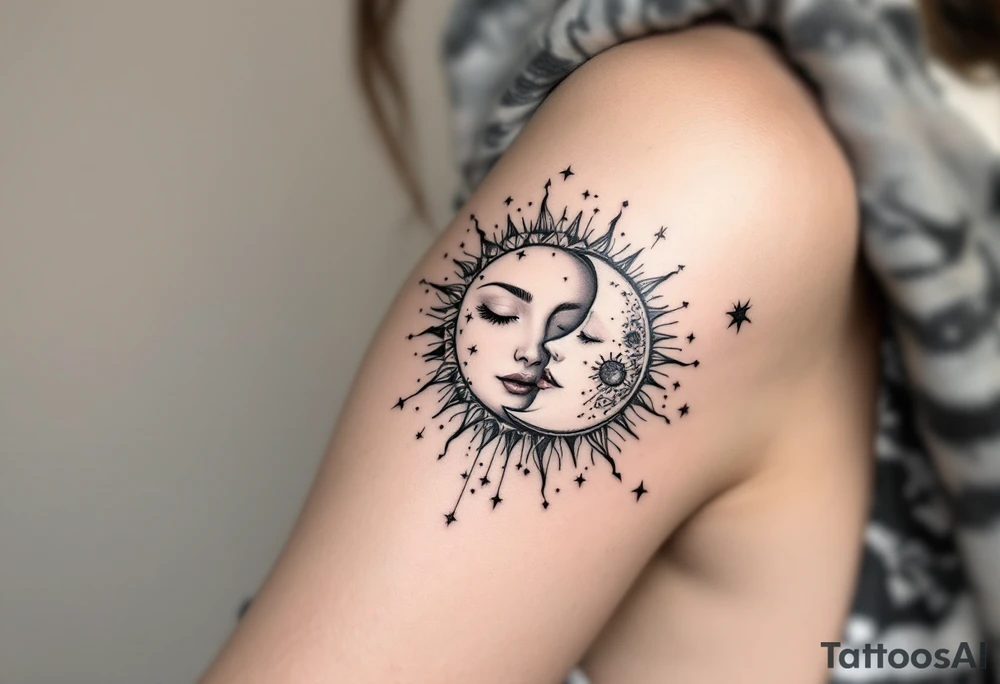 celestial sun and moon embrace with constellation patterns tattoo idea