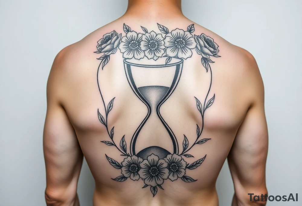 A full back tattoo with soft florals at the top. In the middle, there’s an hourglass. And below it is soft, florals, connecting to the flowers at the top. 
Include sexy lines that curve with the back tattoo idea