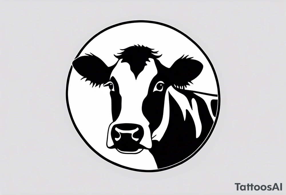 A black-and-white silhouette of a Holstein cow head facing forward. The cow’s head is outlined in bold black lines, with sharp, angular shapes defining its features. The body is represented by minimal black spots, stark against the white silhouette. The cow's head is positioned inside a simple white circle, which is placed on a solid black circle. The entire logo is against a clean white background, with strong contrasts between the black silhouettes and the white space. The design is minimalist, focusing on the silhouette of the cow and the simple, bold shapes of the logo. tattoo idea
