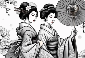 Geisha with a dress and a fan, traditional japanese style, white background tattoo idea