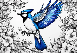 Strong blue jay bird in flight downwards tattoo idea