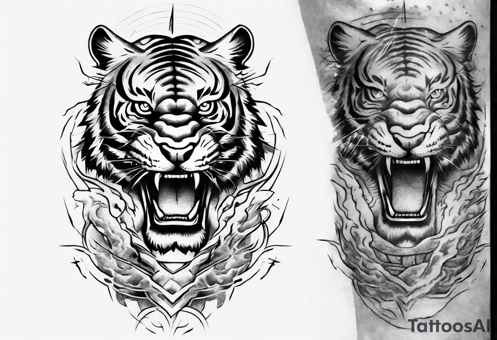 tiger warrior with lightning and the sun for a forearm sleeve tattoo idea
