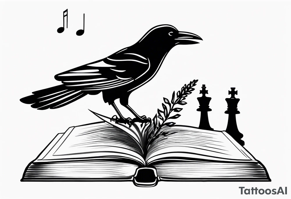 an open book with a raven flying over, a pawn chess piece to the right, a single music note just above, a sprig of lavender on top of the book tattoo idea