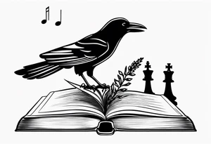 an open book with a raven flying over, a pawn chess piece to the right, a single music note just above, a sprig of lavender on top of the book tattoo idea
