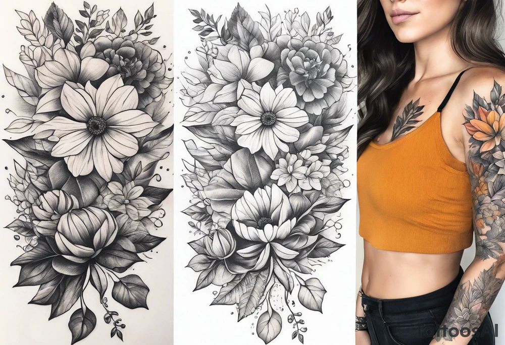 Front knee tattoo with fall colors, flowers, leaves, water tattoo idea