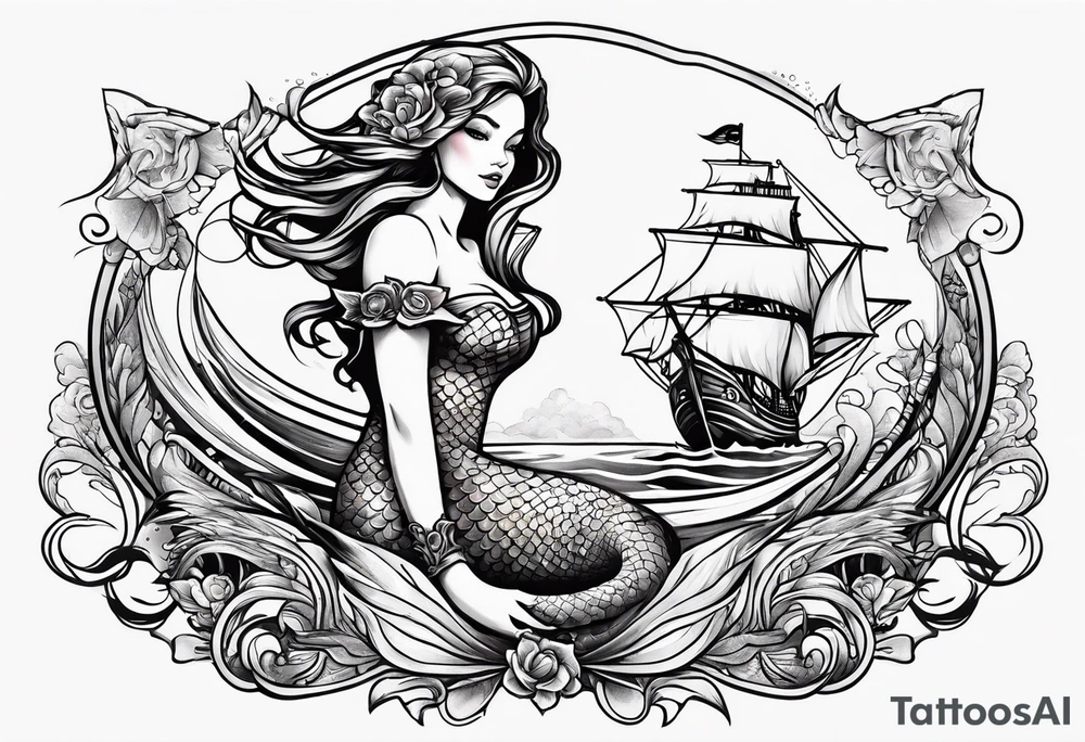 mermaid with galleon ship tattoo idea