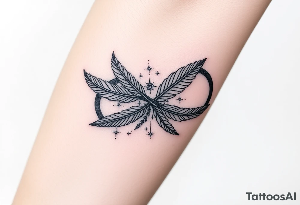 infinity symbol woven with floating feathers and stardust tattoo idea