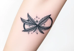 infinity symbol woven with floating feathers and stardust tattoo idea