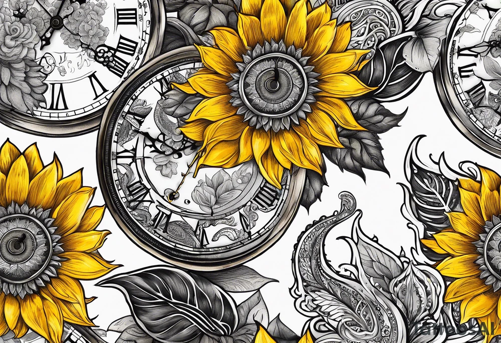 Sunflower, paisley, moon, 3 old fashioned pocket watches, witchy tattoo idea