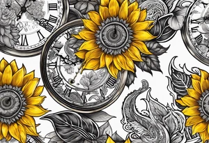 Sunflower, paisley, moon, 3 old fashioned pocket watches, witchy tattoo idea