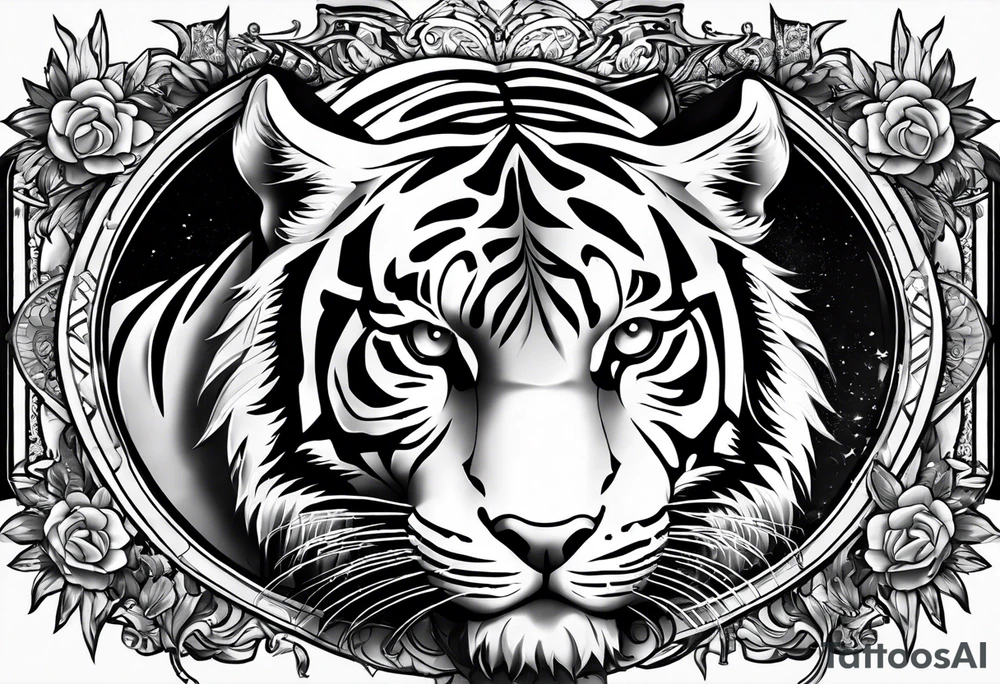 Memorial piece including a tiger on forearm.
Make a place for lettering on top and bottom tattoo idea