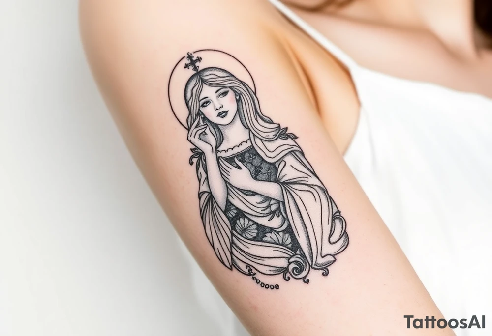 Florence from Florence and the machine as a saint in an art nouveau  style similar to her dance fever album cover art tattoo idea