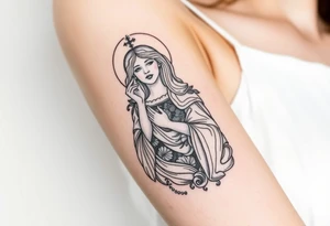 Florence from Florence and the machine as a saint in an art nouveau  style similar to her dance fever album cover art tattoo idea