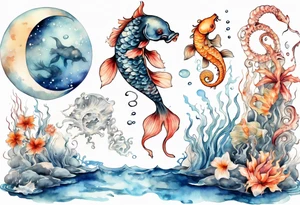 Water scene, featuring koi karp, jellyfish, seahorses and the moon. With nods to Pisces. tattoo idea