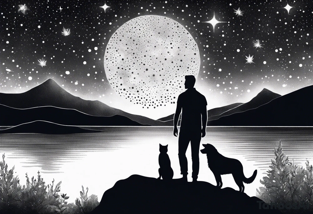 a night sky with leo and cancer constellation, mountains, a father and son with his dog and cat sitting by the water tattoo idea