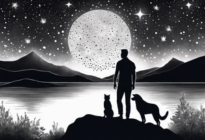 a night sky with leo and cancer constellation, mountains, a father and son with his dog and cat sitting by the water tattoo idea