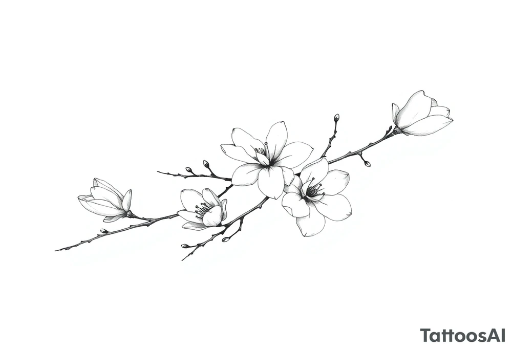 Magnolia branch long with different half opened flowers, botanical details tattoo idea