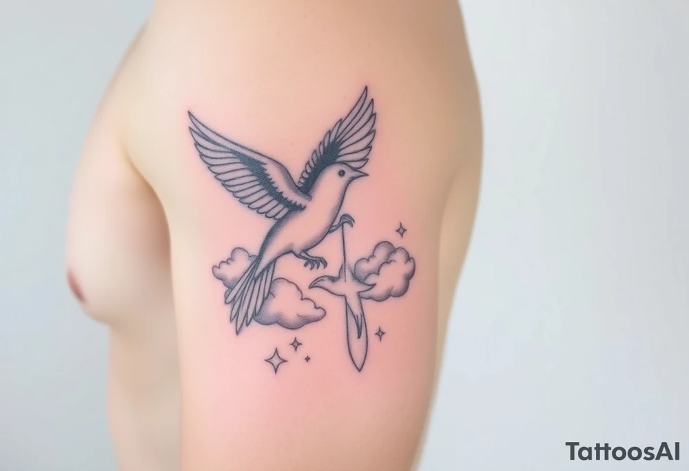 Dove and a blue jay, clouds, shining light to or from heaven tattoo idea