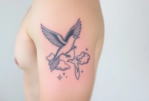 Dove and a blue jay, clouds, shining light to or from heaven tattoo idea