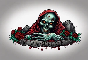 Zombie crawling out of grave. 
MIW Reincarnate written on gravestone tattoo idea